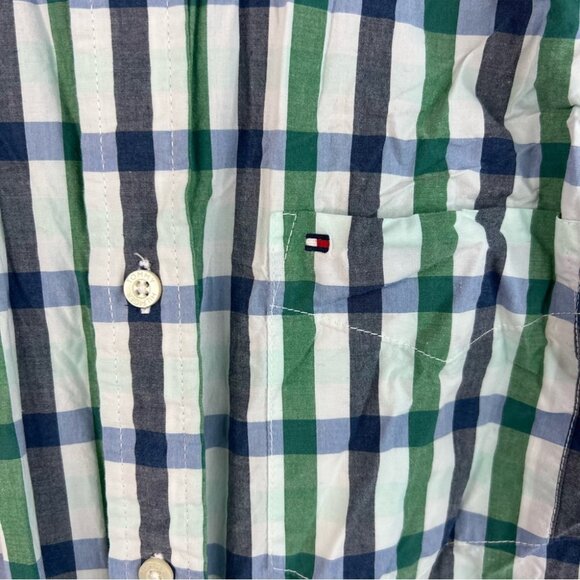 Tommy Hilfiger button up tshirt collared Men's Green and Blue Checkered Shirt - Picture 7 of 12